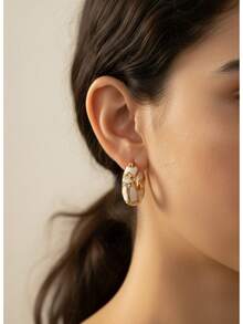 Elegant Minimalist Hoop Earrings |   Designer Wave Pattern With White Enamel & Gold Finish |   Lightweight Luxury Everyday Jewelry - White - View 7