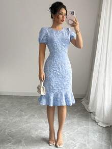 2026 Rose Elegant Woven Fabric Zipper Jacquard Dress, Suitable For Beach, Evening, Date, Holiday, Party - Baby Blue - View 4