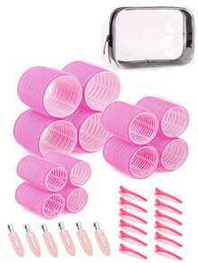 31件套，包含1个透明旅行洗漱包、12个大号卷发棒和18个发夹，自粘式卷发器，适用于长发/中长发/短发和刘海，DIY卷发工具 - 彩色 - 查看 3