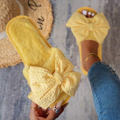 Women's Bowknot Pleated Fabric Slippers, Fashion Casual Home Wear, Autumn/Winter