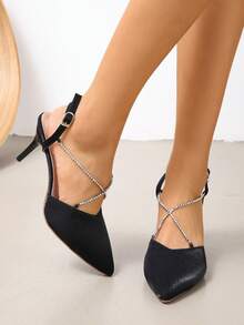 Silver Rhinestone Decor Pointed Toe Ankle Strap Sexy High Heel Sandals, Elegant French Style Open Toe Stilettos For Spring & Summer, Run Small By Half Size - Black - View 6