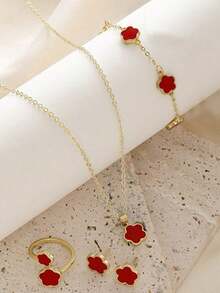 5pcs/Set Teenage Jewelry Set, Includes Clover Pendant Necklace, Bracelet, Earrings, Bangle And Ring, Elegant Fashion Gift Set