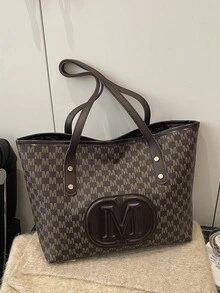 大容量字母印花手提包，绗缝单肩包，女士通勤包 - 咖啡 - 查看 11