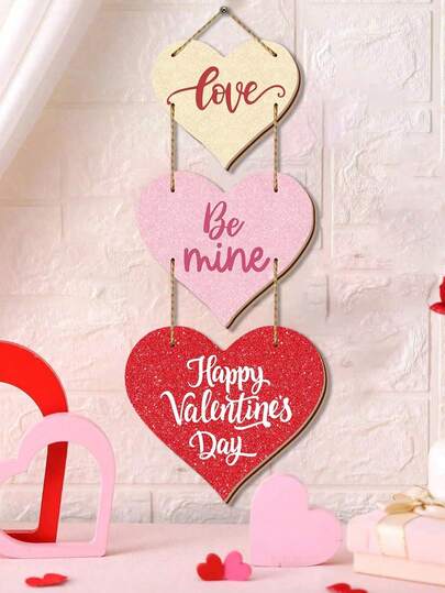 3pcs Valentine's Day Wooden Door Ornaments, Heart-Shaped Floral Wreaths, Valentine's Day Wall Decorations, Wedding Wall Decorations, And Anniversary Wooden Front Door Ornaments Suitable For Valentine's Day, Weddings, Anniversaries, And Interior Home Decor