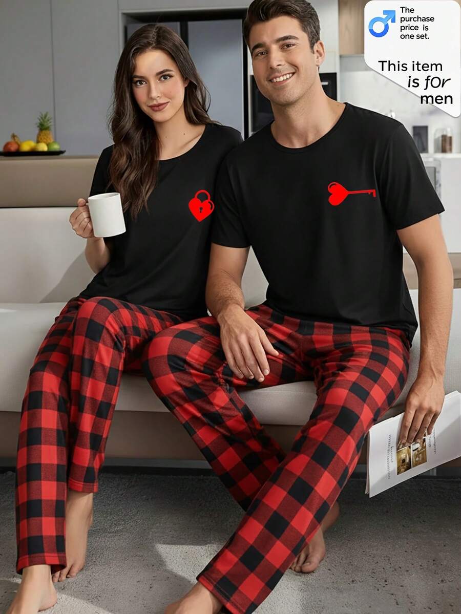 [MEN/WOMEN] Couple Style Pajama Set, Valentine's Day Gift For Men Or Women, Short Sleeve Top + Long Pants Plaid Loungewear Spring/Summer Round Neck Pullover Single Set - 男人 - 查看 1