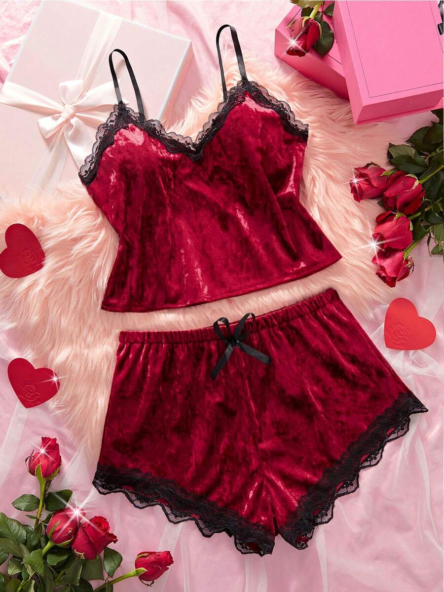2pcs Valentine's Day Women Elegant Lace & Velvet Sleepwear Set, V-Neck Camisole With Elastic Waist Bow Shorts, Christmas Velvet Pajamas Loungewear
