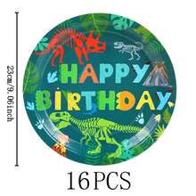 恐龙森林主题生日快乐一次性餐具套装，7/9英寸派对餐盘，一次性纸盘和纸杯，适用于节日、婚礼、订婚、生日、派对、庆祝活动 - 彩色 - 查看 10
