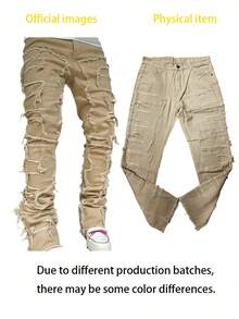 Men's Fashionable Solid Color Street Fringe Jeans - Khaki - View 7