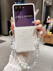 1 pezzo Custodia pieghevole per telefono in pelle semplice e alla moda con elementi in pizzo, abbinata a un braccialetto dello stesso colore, può proteggere e prevenire la caduta: SamsungGalaxy Zflip 5/Zflip 6/Zflip 7/Galaxy Z Flip7 FE - Bianco - Visualizzare 8