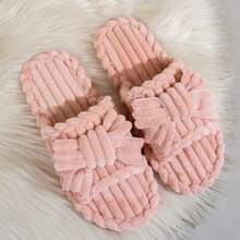 女士优雅蝴蝶结布艺贴花拖鞋，时尚休闲室内鞋，秋冬款 - 粉色 - 查看 16