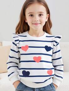 Young Girl Heart Printed Round Neck Knitted Sweatshirt With Ruffle Trimmed Long Sleeve - Blue and White - View 4