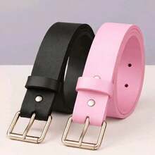 Set Of 2 Women's Belts With Silver Buckle, Casual Style. - đen, hồng nhạt - Xem 3