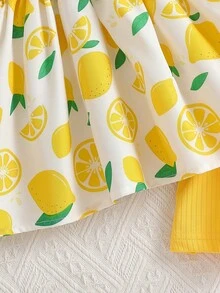 2pcs/Set Newborn Baby Girls' Printed Matching Solid Color Strap Dress Outfit, Suitable For Vacation And Travel - Yellow - View 5