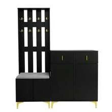Wardrobe Set With Shoe Bench And Cushion, Wardrobe Front With Hooks, Shoe Cabinet With Drawers And Doors - 黑色 - 查看 11