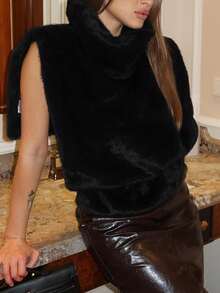 时尚女士高领无袖毛绒人造皮草短款外套，保暖内衬 - 黑色 - 查看 3