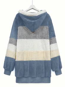 Women's Winter Casual Plaid Lined Hooded Regular Jacket, Warm Autumn/Winter Outerwear With Zipper Closure, Multi-Color Patchwork Design, And Fluffy Lined For Cozy Warmth, Cozy Winter Wear | Elegant Outerwear, Christmas Outfit, Local Warehouse - 藍色 - 查看 4