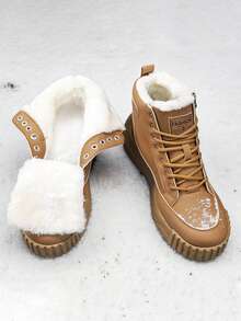 男士冬季雪地靴，保暖隔热，厚底靴 - 卡其色 - 查看 3