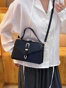 Handbag With Flap And Belt Decor, Shoulder Bag (Random Metal Buckle On Both Sides) - Navy Blue - View 5