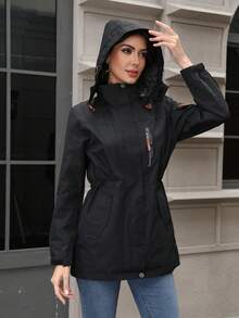 女士轻便防风夹克，可拆卸风帽，防水防风，适合户外运动，如跑步、徒步、骑行，春/秋/冬季穿着。 - 黑色 - 查看 3