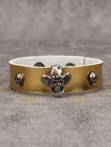 时尚骷髅头合金皮手链，可调节扣环，适合狂欢节、摇滚音乐派对等场合，男女皆宜。