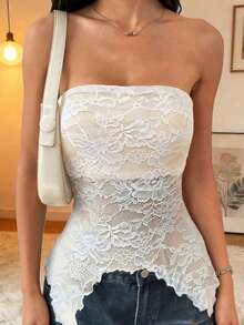 Top elegant pentru femei, casual, versatil, cu tiv asimetric, cu garnitură sexy din dantelă, potrivit pentru petrecere, Halloween, Ajunul Crăciunului, Crăciun, festivalul de primăvară, activități în aer liber, plajă, întâlniri cu prietenii, cumpărături, divertisment, muncă etc. Material simplu, confortabil, stil unic, raport calitate-preț ridicat, primăvară/vară. - alb - Vizualizare 2