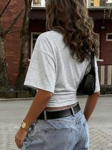 New Fashionable Elegant Solid Color Casual Versatile Waist Ruched T-Shirt, Suitable For Daily, School, Beach, Vacation, And Home Wear Summer - Grey - View 5