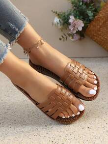 女士夏季编织单趾套脚凉鞋，休闲平底露趾沙滩拖鞋 - 棕色 - 查看 5