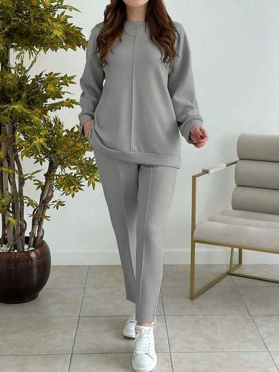 Women's Casual Solid Color Minimalist Round Neck Long Sleeve Top, Paired With Women's Fashion Casual Solid Color Minimalist Round Neck Long Sleeve Top, Suitable For Spring And Autumn Wear. Spring Outfit - Women's Gray Minimalist Casual Set, Seam Design Round Neck Long Sleeve Top & Straight Leg Pants, Comfortable For Home And Commute