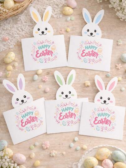 5pcs Happy Easter Paper Card Holder For Greeting Card, Cute Easter Bunny Style Message Card Table Card For Table Decor, Easter Gifts Paper Bags Box Tag Cards, Diy Rabbit Easter Craft Cards, Easter Decorations, Spring Holiday Easter Party Supplies, Birthday Gift Decor Bags