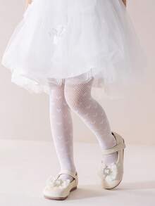 1pc Girls/Kids Hollow Breathable Pantyhose, Fashionable Casual Heart Pattern White Mesh Stockings, Personalized Soft Comfortable Thin Leggings Suitable For Daily Wear, Party, Travel, Performance - White - View 2