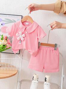 Baby Girls' Summer Waffle Knit Set, Including: Short Sleeve Top With Ruffled Collar, Floral Decor & Buttons; Matching Shorts; Soft & Breathable Waffle Fabric; Elevated With Intricate 3D Decorations; Suitable For Casual Outings And Light Social Occasions In Summer; Comfortable And Easy To Wear & Style - Pink - View 5