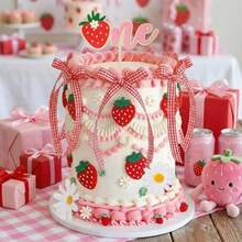 D36 Pcs Strawberry Cake Topper Fake Strawberry Cake Decorations Daisy Flowers Plaid Bow Birthday Party Wedding Plies - As Pic - View 5