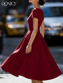 DONICY 女士酒红色圆领短袖系腰A字中长连衣裙，春夏新款时尚优雅连衣裙，适合情人节约会、婚礼宾客、派对、嘉年华等场合 - 酒紅色 - 查看 4