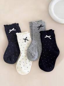 4双装女童纯色波点蝴蝶结装饰船袜，春秋季 - 彩色 - 查看 7