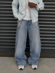 男士复古做旧直筒宽松牛仔裤，时尚街头风 - 藍色 - 查看 3