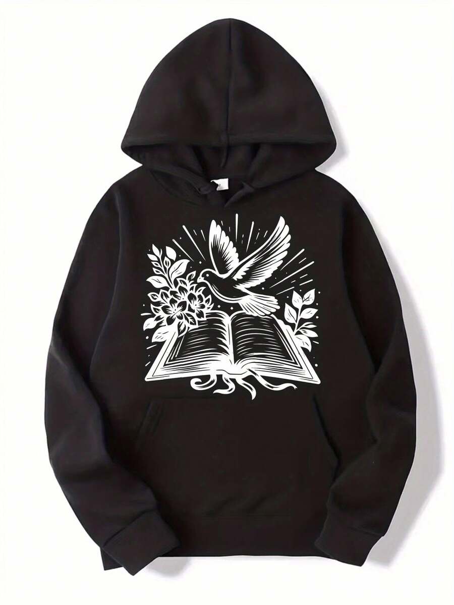 Men'S Large Size Book & Bird Wing Graphic Hooded Sweatshirt - With Open Book & Flying Bird Print, Loose Fit Casual Streetwear, Warm Winter Pullover For Everyday Comfort, Literary & Nature-Inspired Design, Autumn/Winter Seasonal Apparel - 黑色 - 查看 1