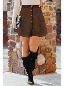 Women's Corduroy Mini Skirt - Button Front, A-Line Pleated With Pockets & Skater Style - Dark Brown - 查看 4