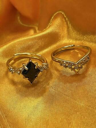 1pc Dreamy Blue Sandstone Sparkling Crown Ring, 2pcs Set Lace Copper Mineral Gemstone Ring, Suitable For Daily Wear (Shipped Without Box)