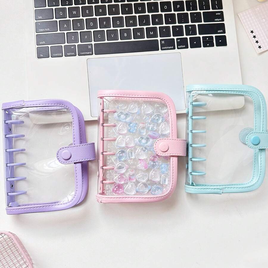 1本A7 PU皮革装订透明活页夹，A7可替换内芯笔记本，替换内芯，贴纸垫，透明贴纸簿，贴纸册，照片收纳套，计划本，预算笔记本，日记本，记事本，办公用品 - 彩色 - 查看 1