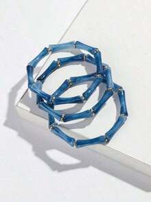 1 Set Of 3pcs Adjustable Beaded Bracelets Stack, Lightweight Acrylic Marble Texture & Olive Green Bamboo Beads Boho Minimalist Stretch Bracelet Set, Daily Wear Cuff Bangle Stackable Jewelry Gift For Women Teens, Perfect For Summer Holiday Casual Outfit Christmas Birthday Party - 綠色 - 查看 8