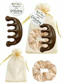 4pcs Yellow Hair Scrunchies, Massage Comb, Thank You Card And Drawstring Bag, Suitable As Bridesmaid Gifts, Bachelorette Party, Birthday, Back To School, Mother's Day, Valentine's Day Gifts