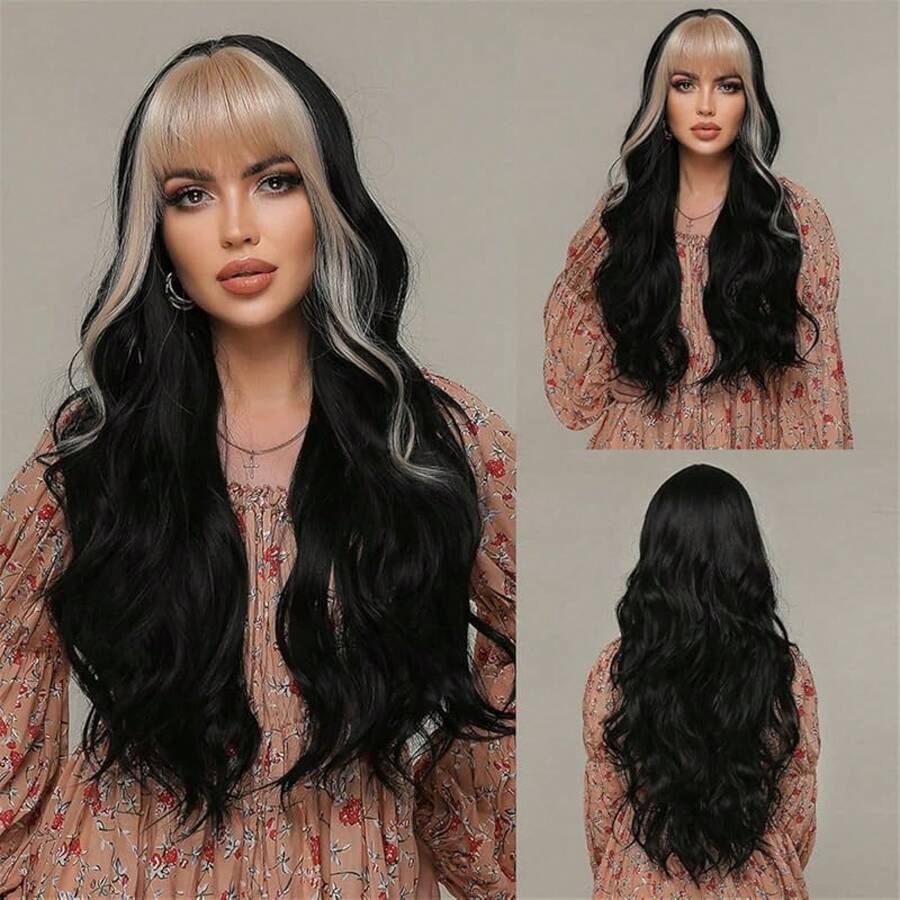 Peluca rubia ombre con flequillo, peluca larga y rizada ondulada ombre, peluca de cabello sintético para uso diario, fiestas, disfraces y cosplay - Peluca negra con flequillo rubio - Ver 1