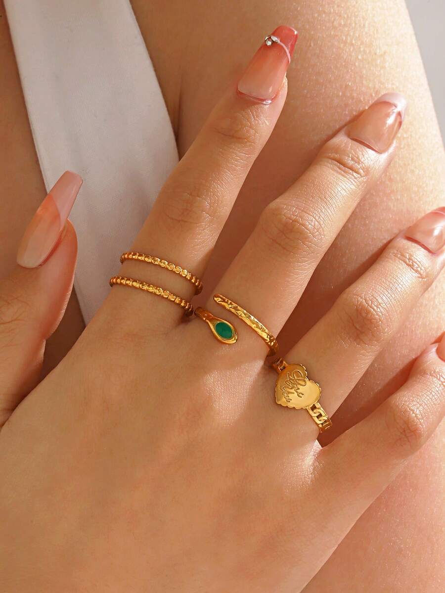 Set di 3 anelli in acciaio inossidabile placcato oro 18K con design a cuore e linea serpentina, adatto per uso quotidiano delle donne, San Valentino