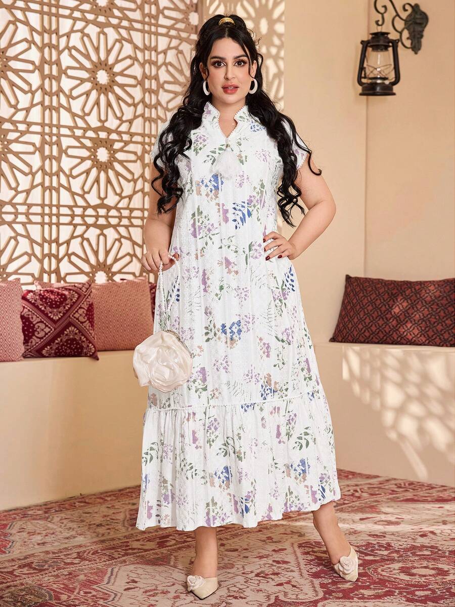 ASBB 重工刺繡 3D 仿縫線彩色印花阿拉伯女式 JALABIYA 連衣裙，流蘇蕾絲 V 領拼接百褶清新白色優雅洋裝，2026 春夏休閒穿搭