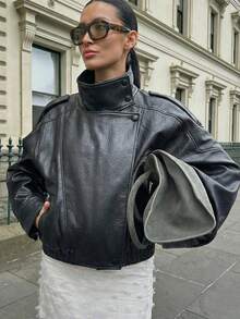 Women's Black PU Leather Jacket, Long Sleeve Zip-Up Bomber Jacket, Autumn/Winter Outerwear, Street Style