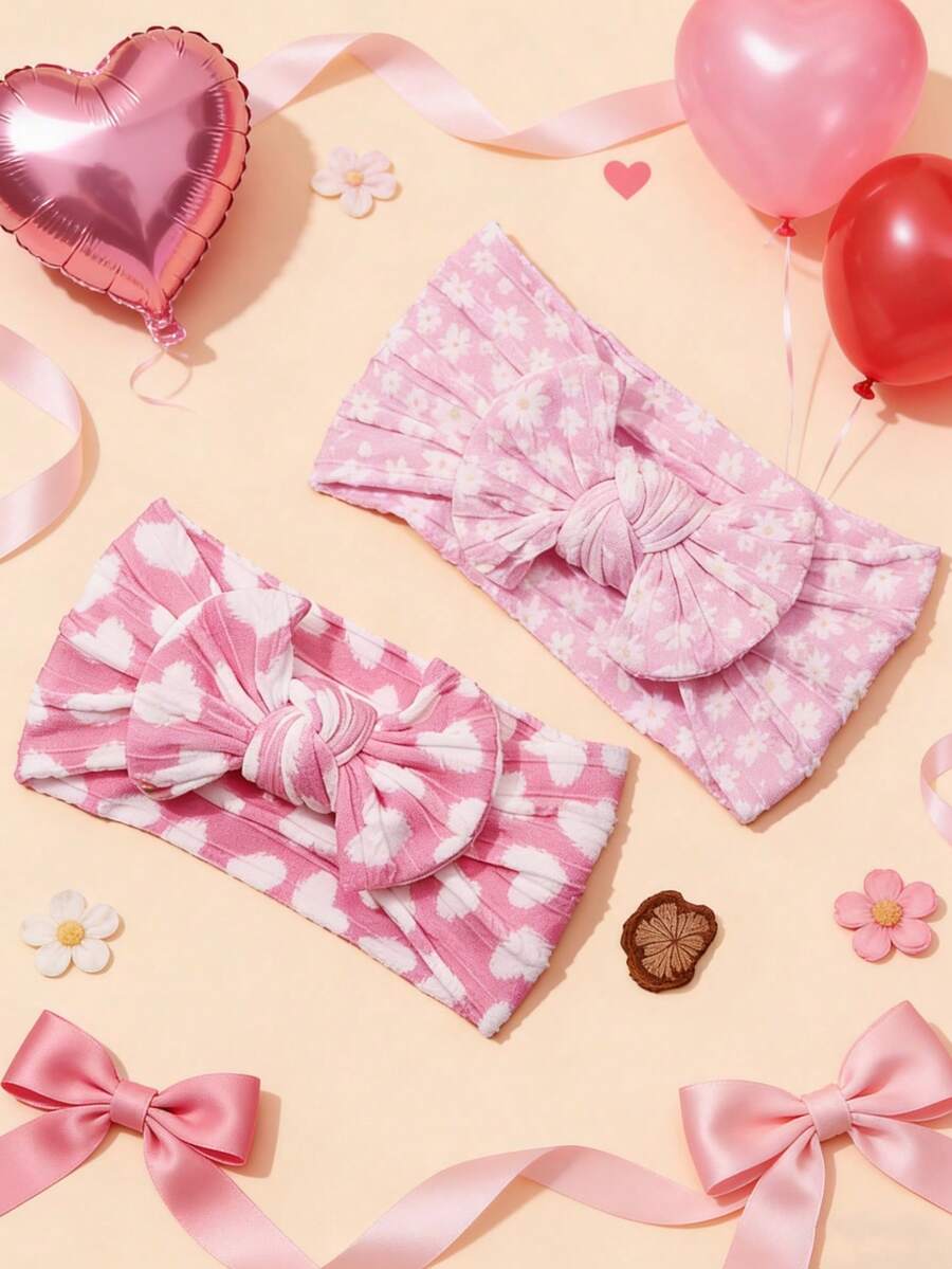 1pc Heart Print Bow Baby Headband, Soft Comfortable Jacquard Nylon Infant Headwear, Valentine's Day Baby Hair Accessory - Multicolor - View 1