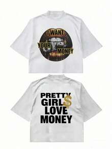 Fly "I Want Your Money" Hip-Hop Flow T-Shirt Pure Cotton Double-Sided Printed T-Shirt, Suitable For Men And Women,Top Pick Gift For Summer Casual Tees - 白色 - 查看 5