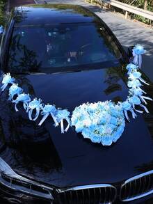 婚车后视镜、门把手、车头装饰花、人造玫瑰花、婚礼节日装饰花束、婚车鲜花 - 藍色 - 查看 3