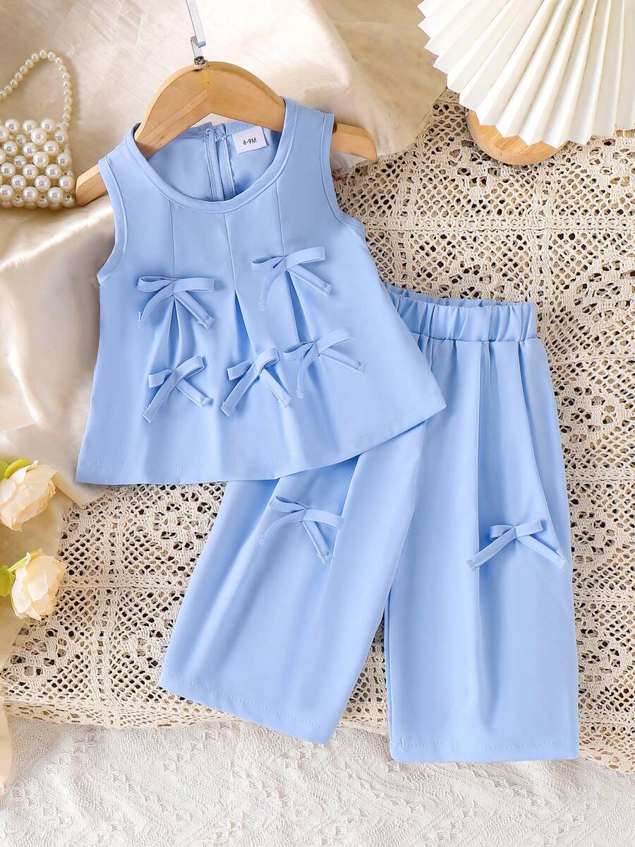 2pcs Baby Girls Cute Pleated Bow Sleeveless Top And Long Pants Set, Summer
