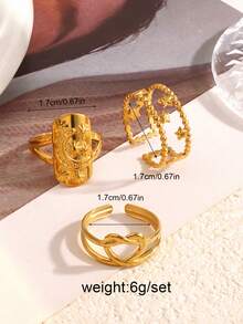 3pcs/Set Stainless Steel Unique Hip-Hop Star & Moon Pattern Open Rings, Suitable For Women's Daily Wear, Party, Holiday Gift - Multicolor - View 3